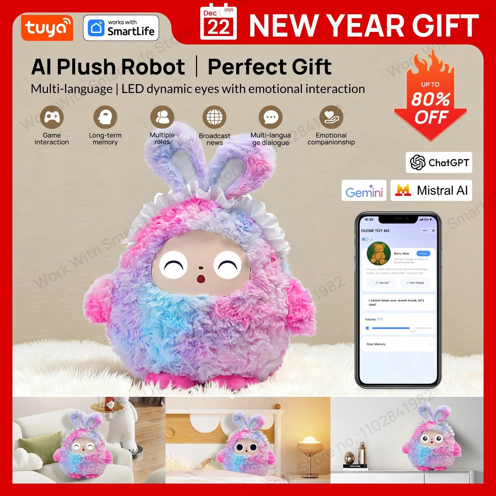 AI Plush Toy W/Smart Voice&LED Eyes,Interactive Companion ReadyRechargeable E-Pet open up fun life W/Tuya App-Multicolor